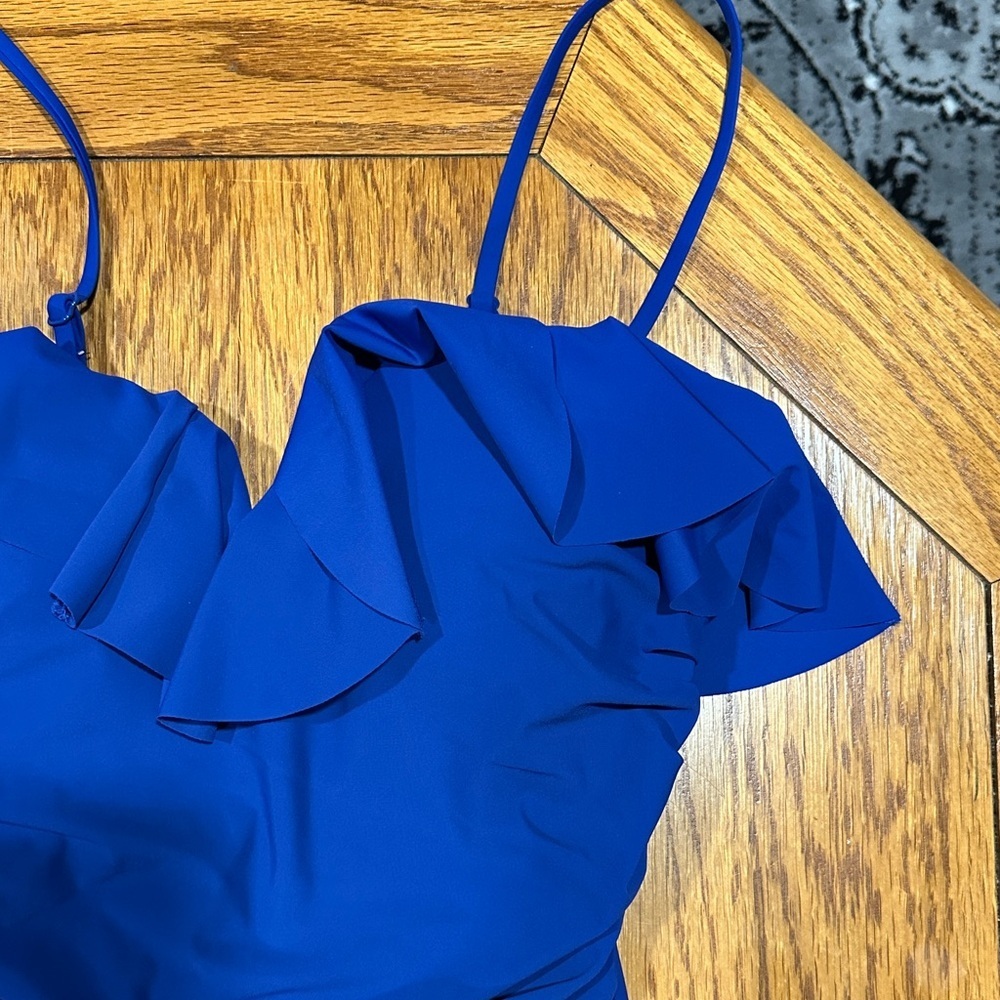 *J. CREW* Blue Ruched Ruffle One-Piece Swimsuit NWT Size 4 - Picture 3 of 11